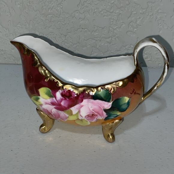 Vintage American Beauty Germany Creamer Sugar Bowl Set Hand Painted Rose Signed - Picture 4 of 15